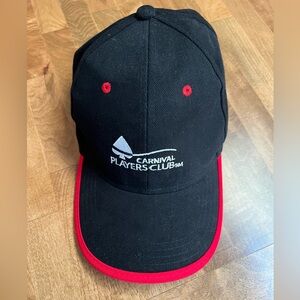 Carnival player club hat, adjustable strap. Black, red outline on brim